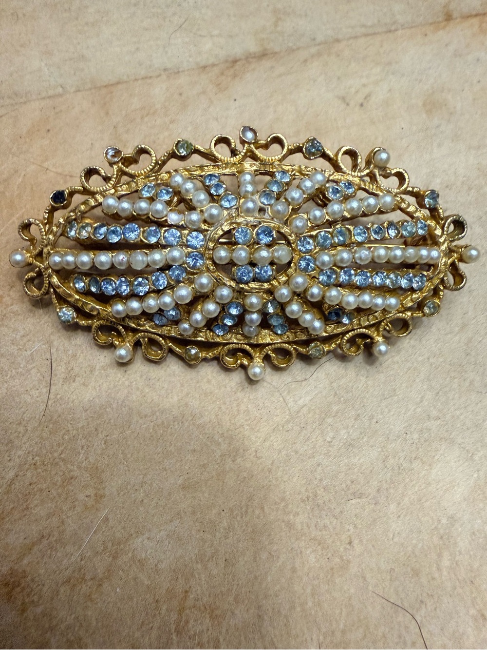 BSK stamped Pearl and Rhinestone Bar Brooch